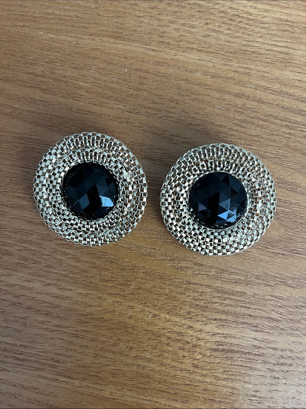 Gold Round Stud Earrings with Black Gemstone Inlay